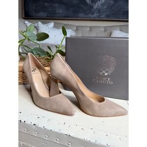VINCE CAMUTO Thanley Pumps Taupe Suede Flared Block Heel Women's 9 Mushroom NWT